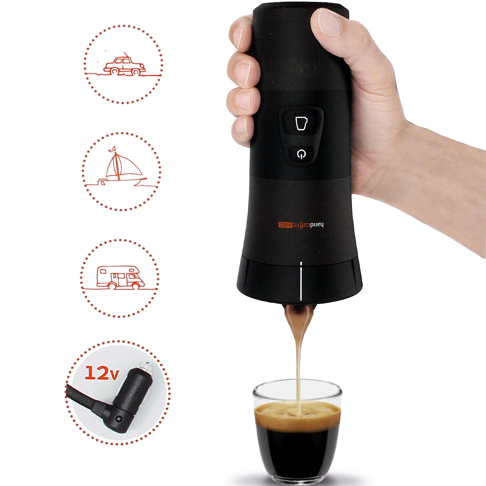 Handcoffe Kaffepadmaschine 12 Volt 2 Bar 110ml 4 min Zubereitungszeit