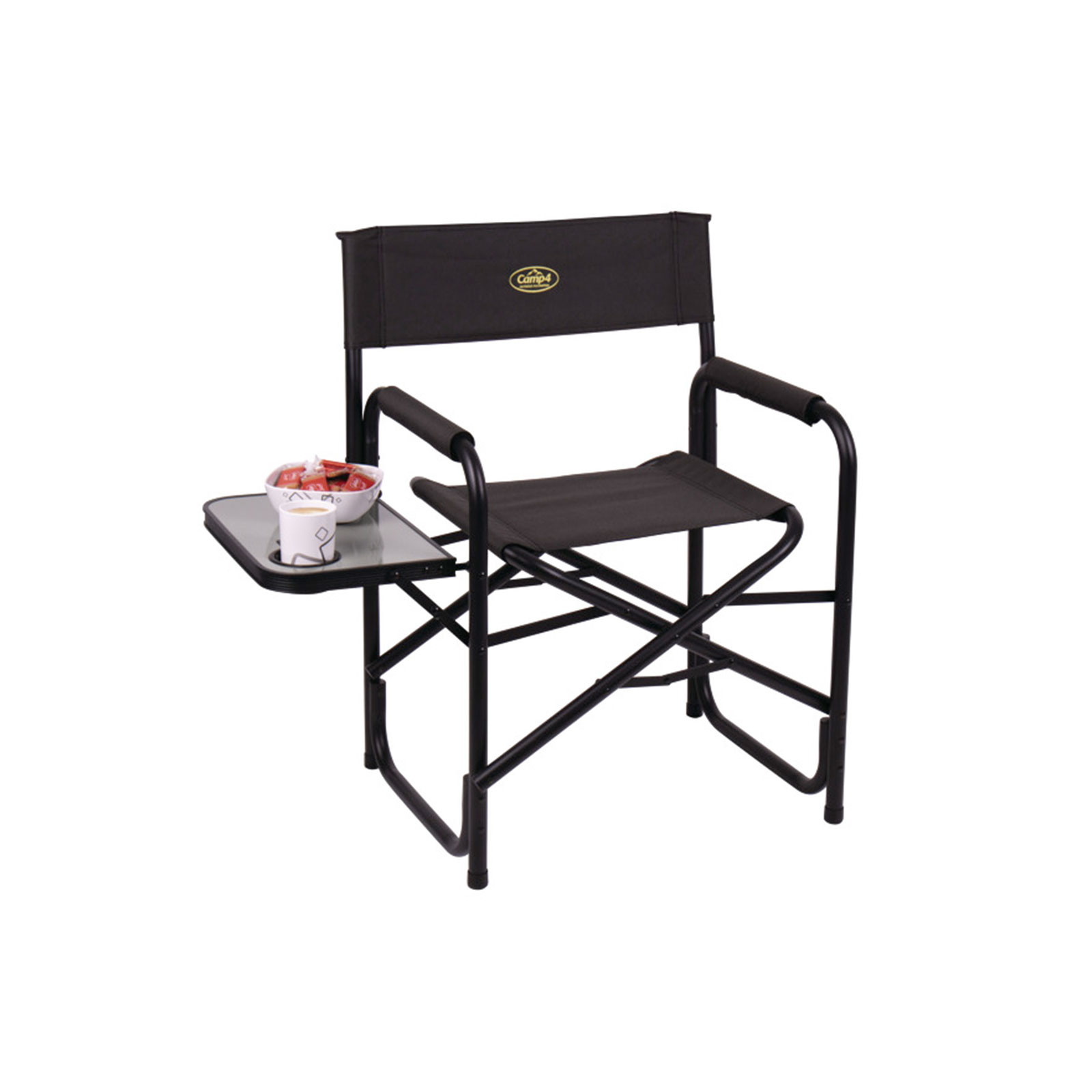 Campingstuhl klappbar, schwarz, Regiestuhl mit Seitentisch und Getränkehalter