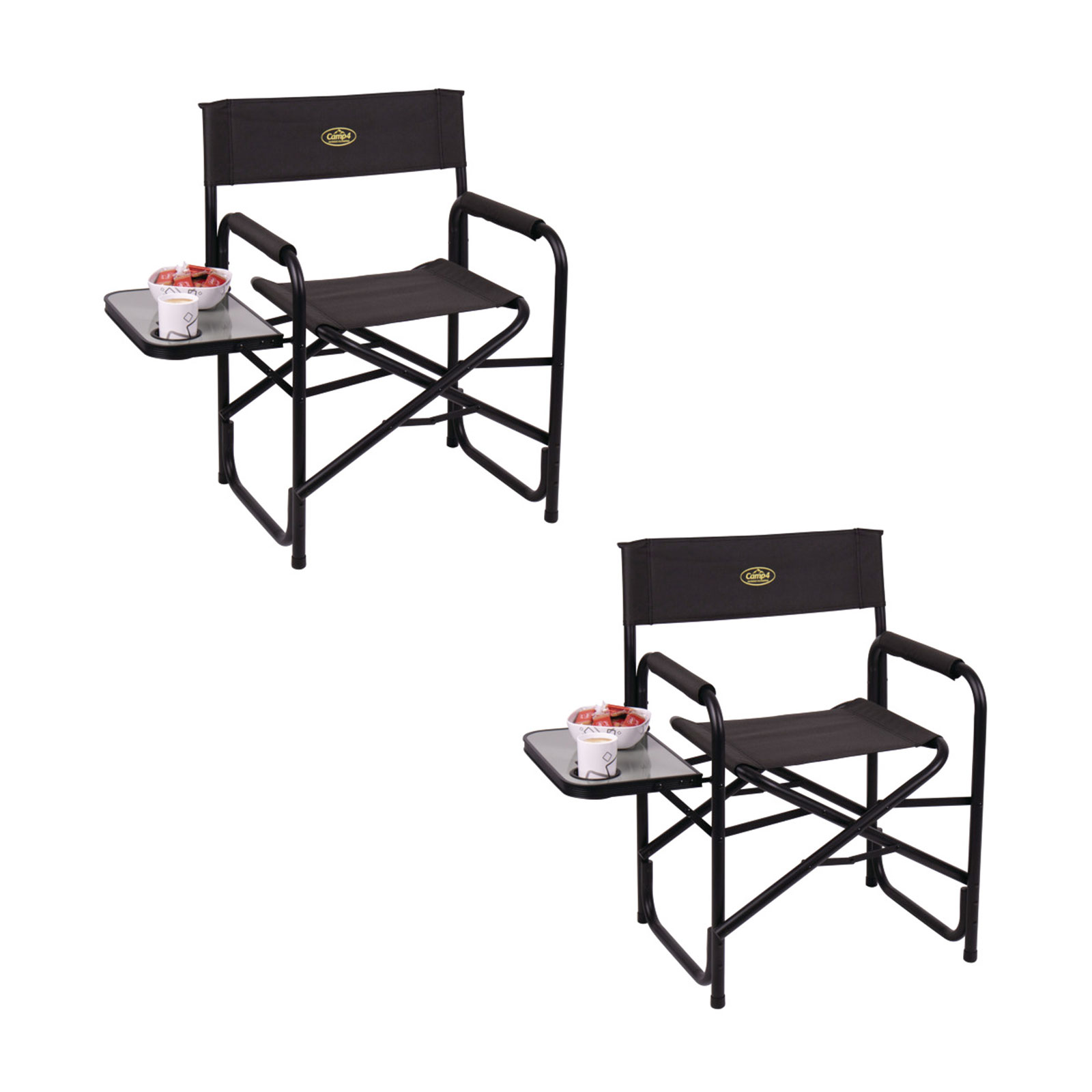 2x Campingstuhl klappbar, schwarz, Regiestuhl mit Seitentisch und Getränkehalter