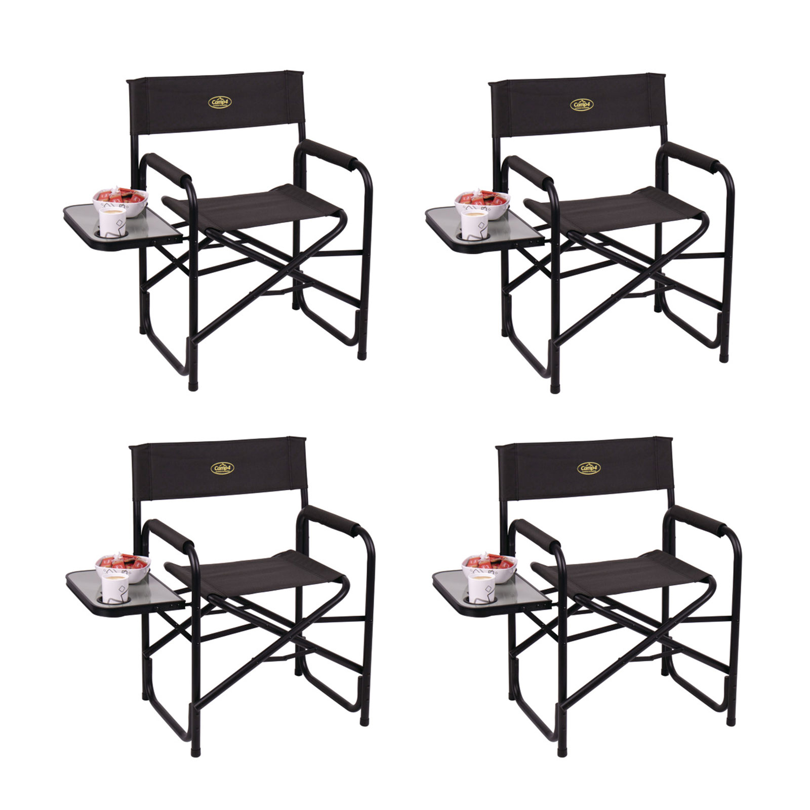 4x Campingstuhl klappbar, schwarz, Regiestuhl mit Seitentisch und Getränkehalter