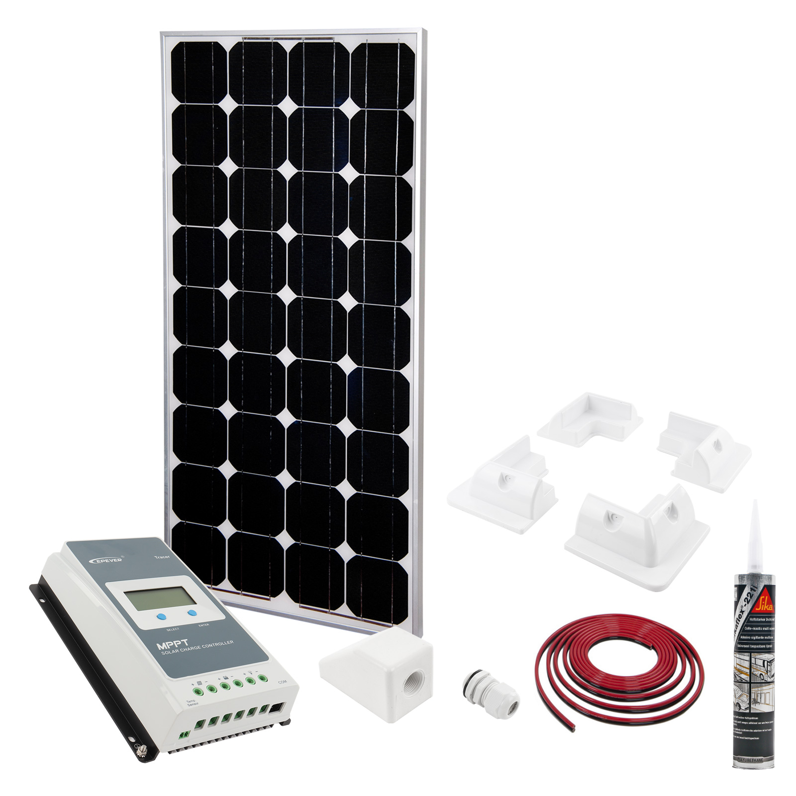 Solar Panel Set 100W | MPPT Regler | Halter | 5M Kabel | Sika | Dachdurchführung