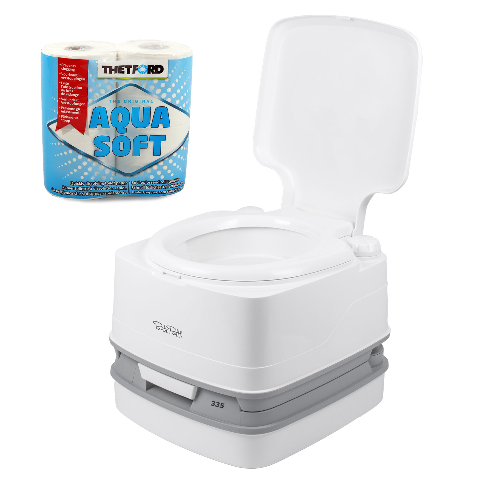 Thetford Porta Potti 335 + Aqua Soft Chemical toilet 10Ltr tank T4, T5, T6,...